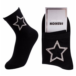Носки хлопковые с наклейкой из страз " Fashion NO:1213 " звезда чёрные р:36-41