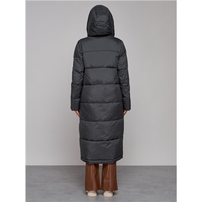 Пальто утепленное с капюшоном зимнее женское темно-серого цвета 51156TC