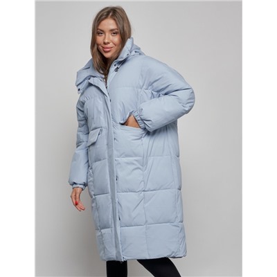 Пальто утепленное молодежное зимнее женское голубого цвета 52391Gl