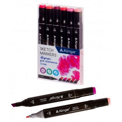Набор   6 скетч маркеров перманентных 1-6 мм, двусторонние, розовые AL7486 Alingar