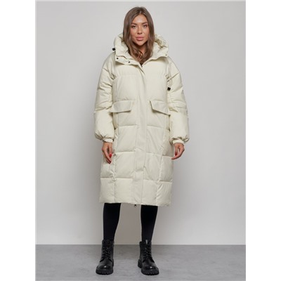 Пальто утепленное молодежное зимнее женское бежевого цвета 52391B