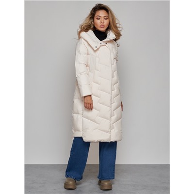Пальто утепленное молодежное зимнее женское бежевого цвета 52355B