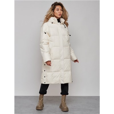 Пальто утепленное молодежное зимнее женское светло-бежевого цвета 52392SB