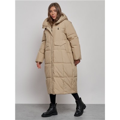 Пальто утепленное молодежное зимнее женское бежевого цвета 52396B