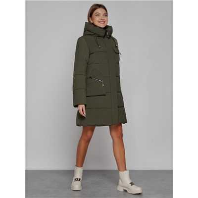 Пальто утепленное с капюшоном зимнее женское цвета хаки 52429Kh