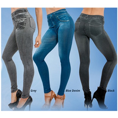Синие легинсы под джинсы с вареным эффектом и имитацией карманов