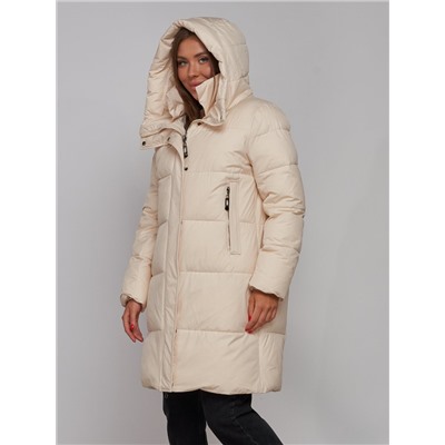 Пальто утепленное молодежное зимнее женское бежевого цвета 52322B