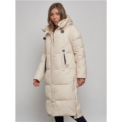 Пальто утепленное молодежное зимнее женское светло-бежевого цвета 52351SB