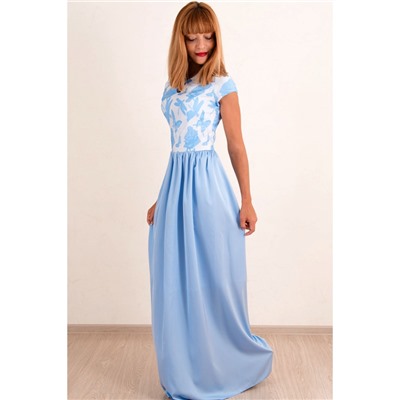 00363 Платье голубое  из жаккарда и шелка