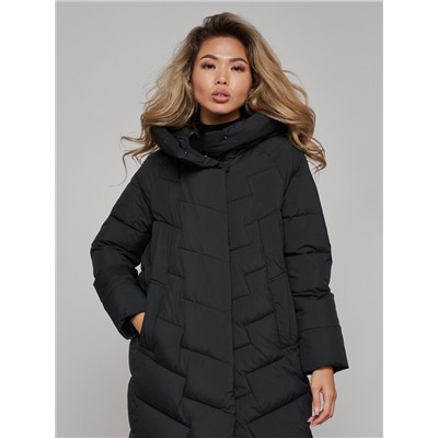 Пальто утепленное молодежное зимнее женское черного цвета 52355Ch