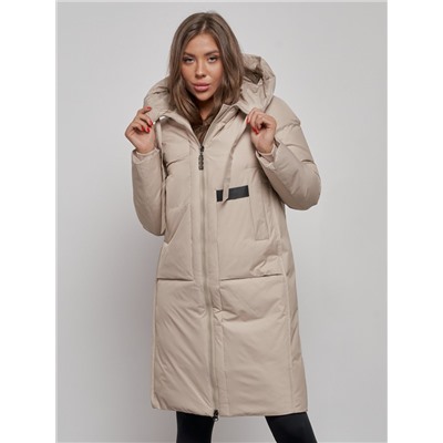 Пальто утепленное молодежное зимнее женское бежевого цвета 52359B