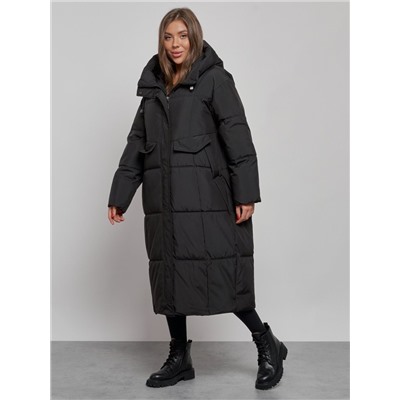 Пальто утепленное молодежное зимнее женское черного цвета 52396Ch