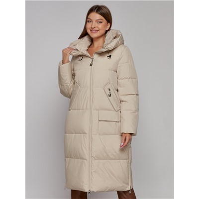 Пальто утепленное молодежное зимнее женское бежевого цвета 51119B