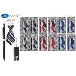 Подарочный набор мужской: брелок для ключей в виде галстука (материал атлас)+ручка с поворотным механизмом+фонарик МС-6197 Basir