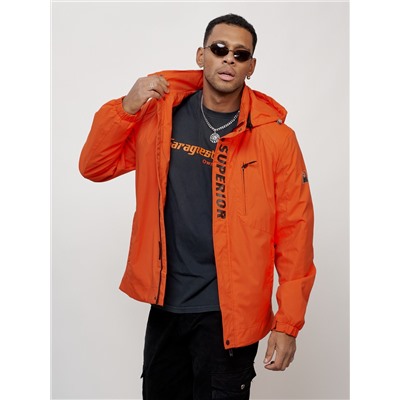 Куртка спортивная мужская весенняя с капюшоном оранжевого цвета 88022O