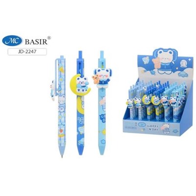 Ручка автоматическая шариковая детская "HAPPY DAY" JD-2247 0.5мм синяя, клип с прорезининной насадкой-мишки Basir