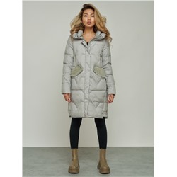 Пальто утепленное с капюшоном зимнее женское серого цвета 13332Sr