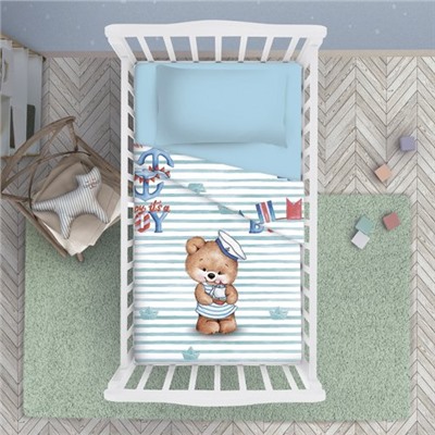 КПБ  BabyRelax  в кроватку, 100 % хлопок, перкаль, пододеяльник на молнии, простыня на резинке,  Мишка морячок