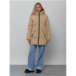 Зимняя женская куртка молодежная с капюшоном горчичного цвета 58622G