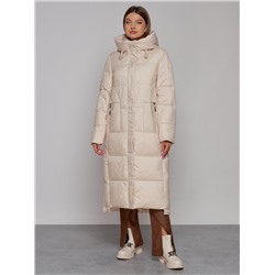 Пальто утепленное с капюшоном зимнее женское бежевого цвета 51156B