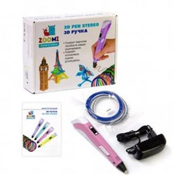 Ручка 3D ZM-052, пластик ABS/PLA - 3 цвета, розовая, подставка пластиковая под ручку, картонная упаковка Zoomi {Китай}