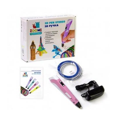 Ручка 3D ZM-052, пластик ABS/PLA - 3 цвета, розовая, подставка пластиковая под ручку, картонная упаковка Zoomi {Китай}