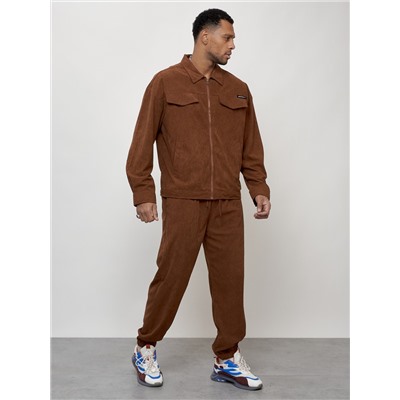 Спортивный костюм мужской модный из микровельвета коричневого цвета 55002K