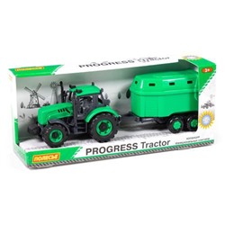 Трактор Прогресс (с прицепом, инерционный, зеленый, пластик, в коробке, от 3 лет) 91482, (Полесье)