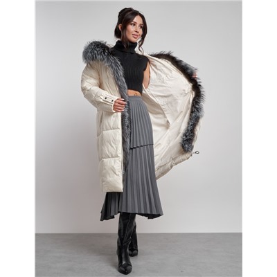 Пальто утепленное с чернобуркой зимнее женское светло-бежевого цвета 133156SB