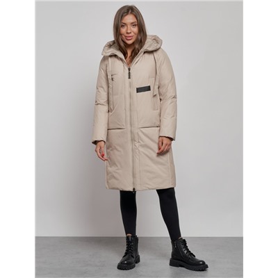 Пальто утепленное молодежное зимнее женское бежевого цвета 52359B
