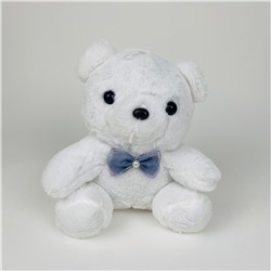 Мягкая игрушка Медведь меховой сидячий с голубым бантиком 23 см