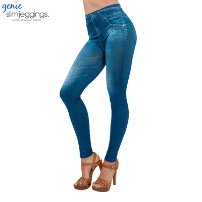 Синие легинсы под джинсы с вареным эффектом и имитацией карманов