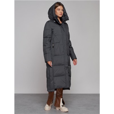 Пальто утепленное с капюшоном зимнее женское темно-серого цвета 51156TC