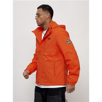 Куртка спортивная мужская весенняя с капюшоном оранжевого цвета 88027O