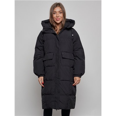 Пальто утепленное молодежное зимнее женское черного цвета 52391Ch