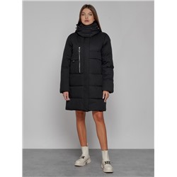 Пальто утепленное с капюшоном зимнее женское черного цвета 52426Ch